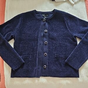 Adrienne Vittadini Navy Blue Cardigan with Gold Trim Button